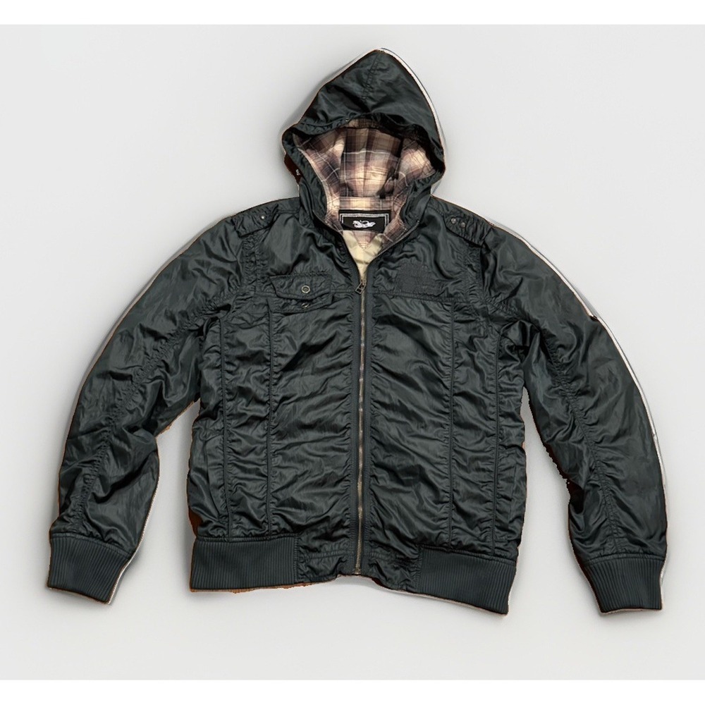 Vintage Tough Jeansmith Military Style Jacket Hoodie Green Satin Plaid Lining